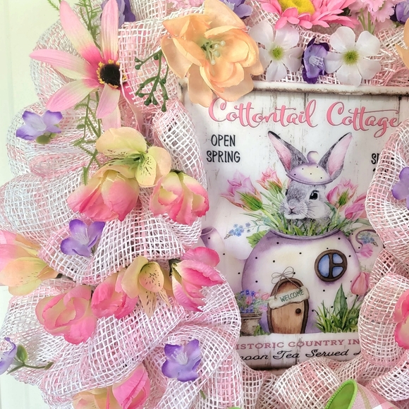 Easter Cottontail Inn Sign Bunny in a Teapot Deco Mesh Bow Floral Rabbit - Picture 4 of 8